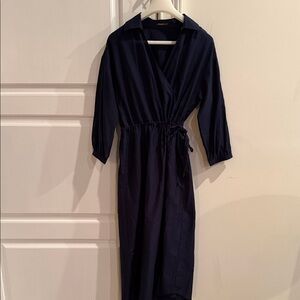Classic Navy Wrap Midi Dress with Tie Waist